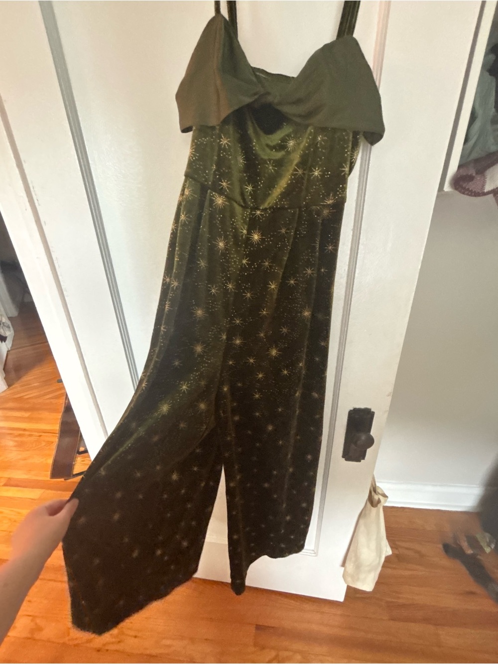 Olive Green Star-Print Velvet Jumpsuit